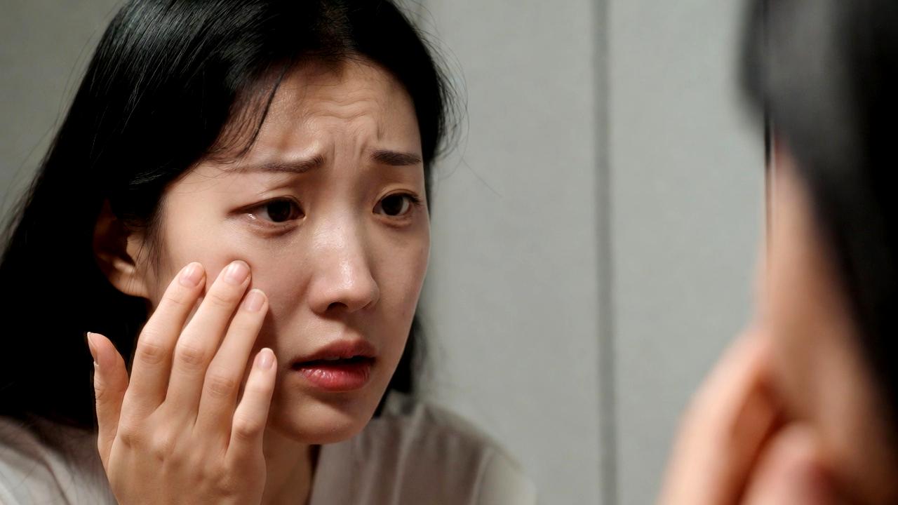 鏡を使って目元のたるみをチェックする女性