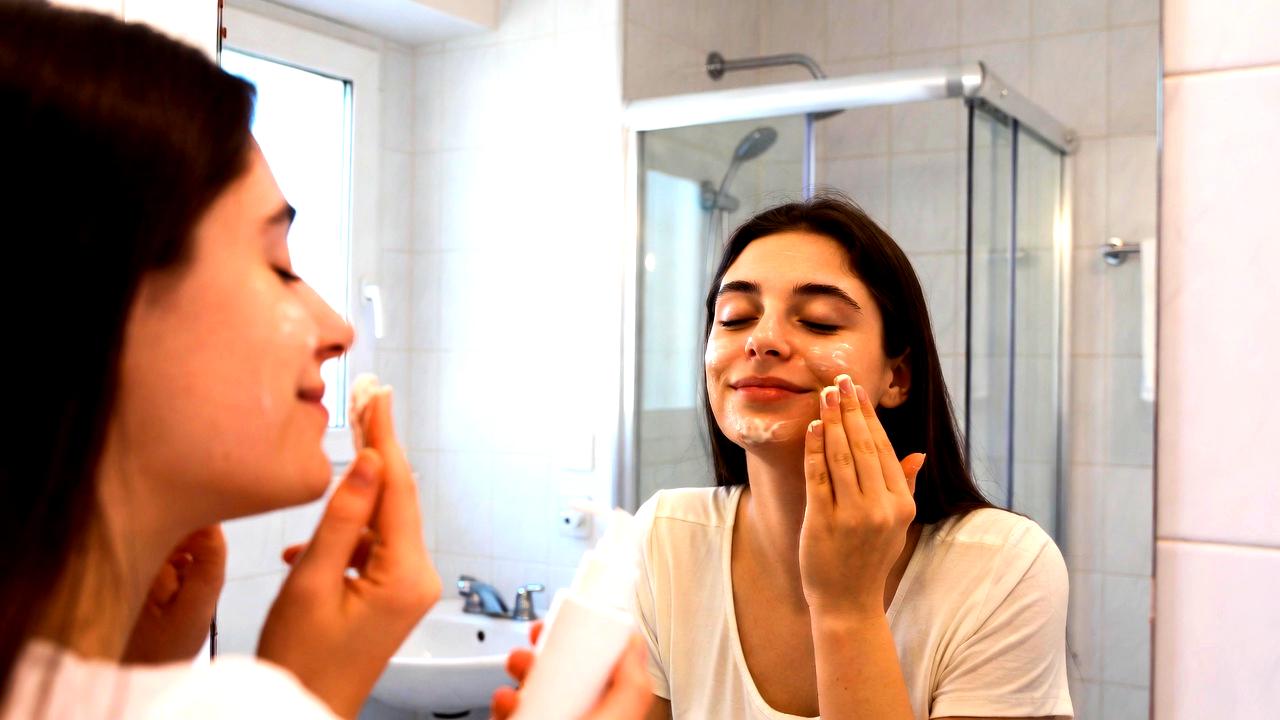 洗顔後すぐに保湿ケアを行う女性のクリーンな印象のシーン