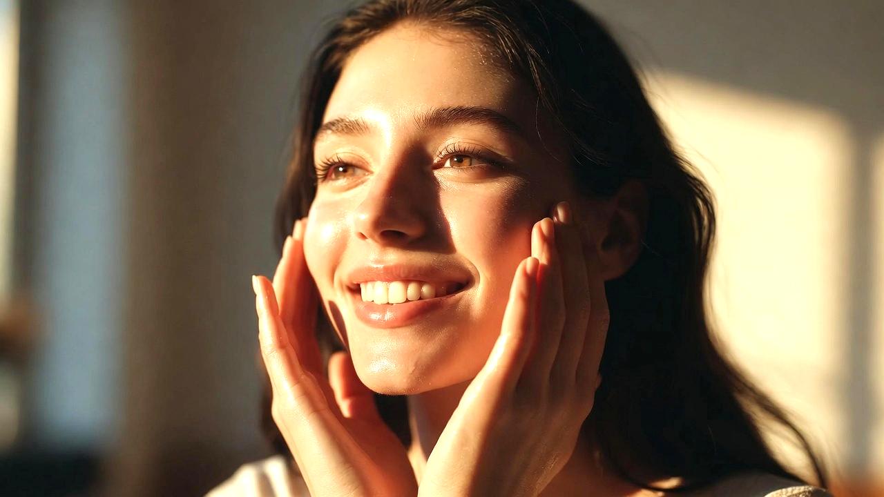 低刺激ケアで潤いとツヤのある肌を目指す女性のイメージ