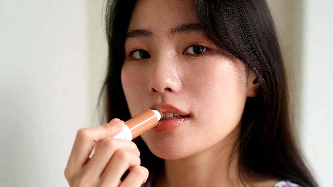 朝の短時間で唇ケアをする女性