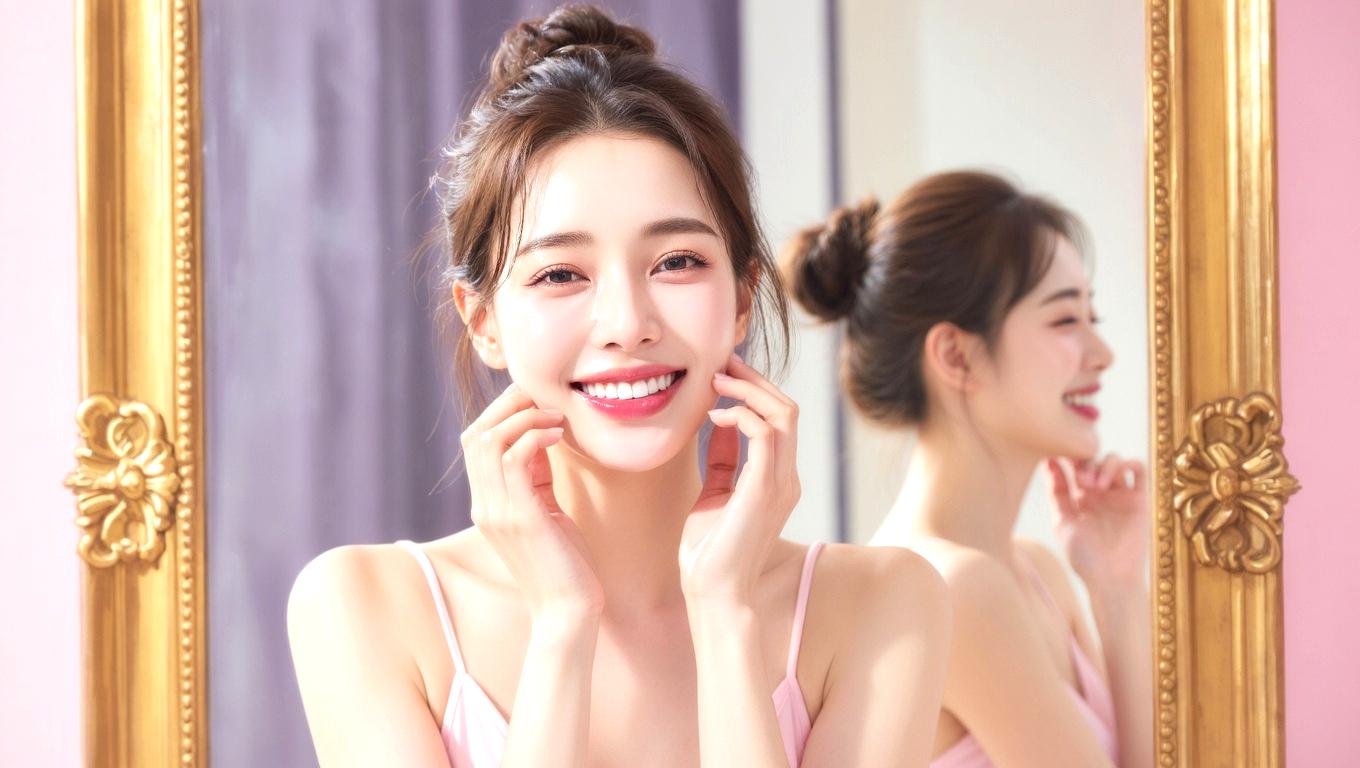 ナチュラルな血色リップメイクの女性