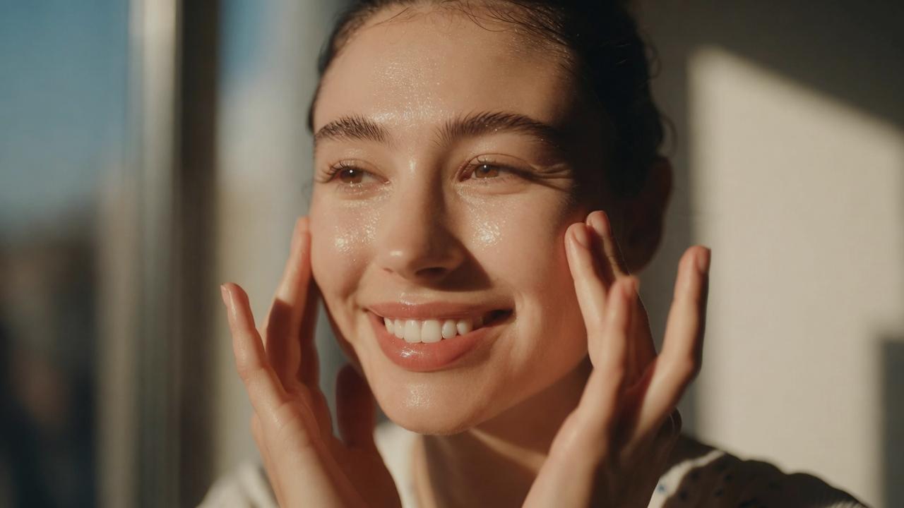 コーヒーを楽しみながら化粧水で保湿する女性の写真