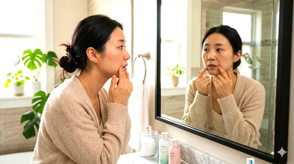 無意識のクセで唇を触ってしまう女性の注意喚起イメージ