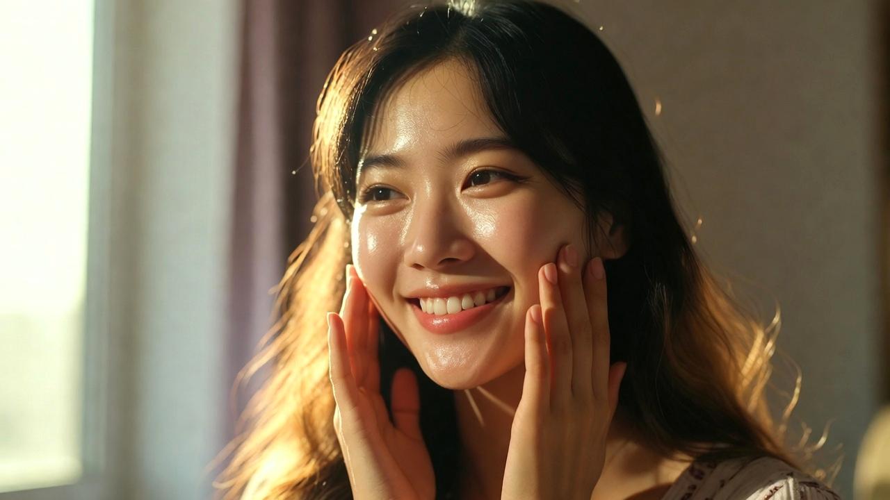 透明感のある肌を保ちながら前向きにスキンケアを続ける女性