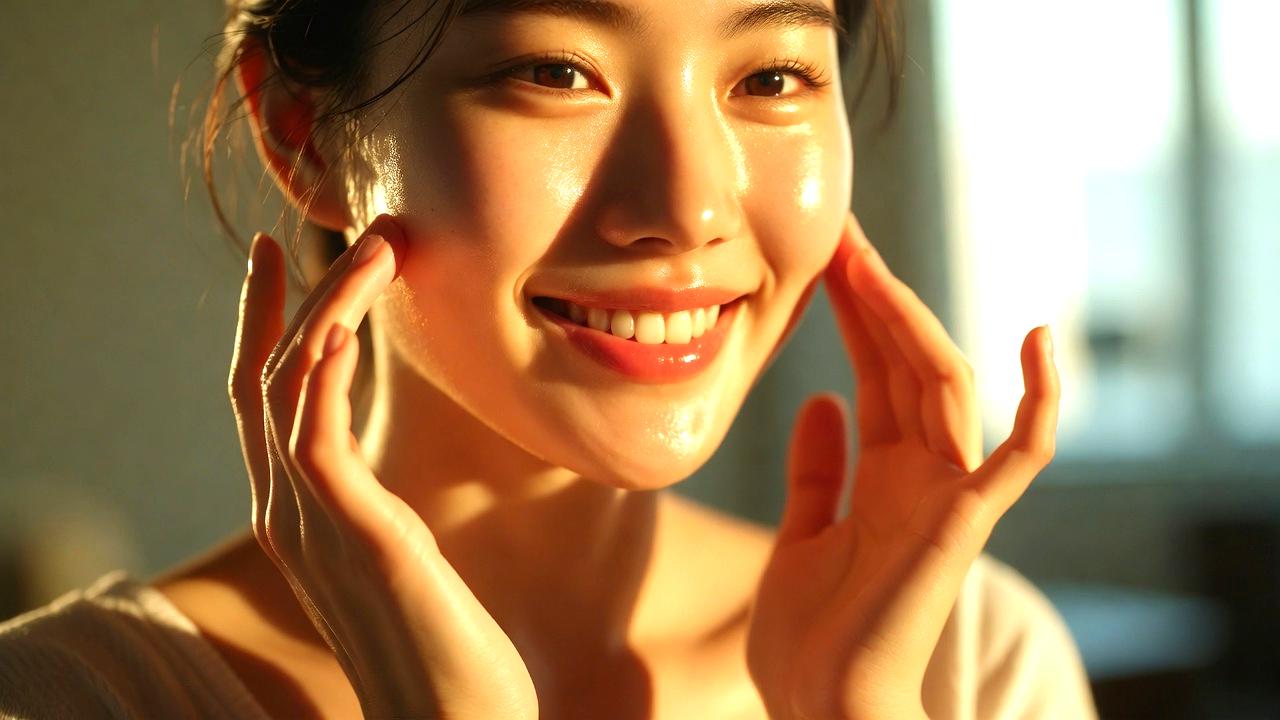 ファンデ割れを防ぎしっとりツヤ肌に仕上がった美しいベースメイクの女性