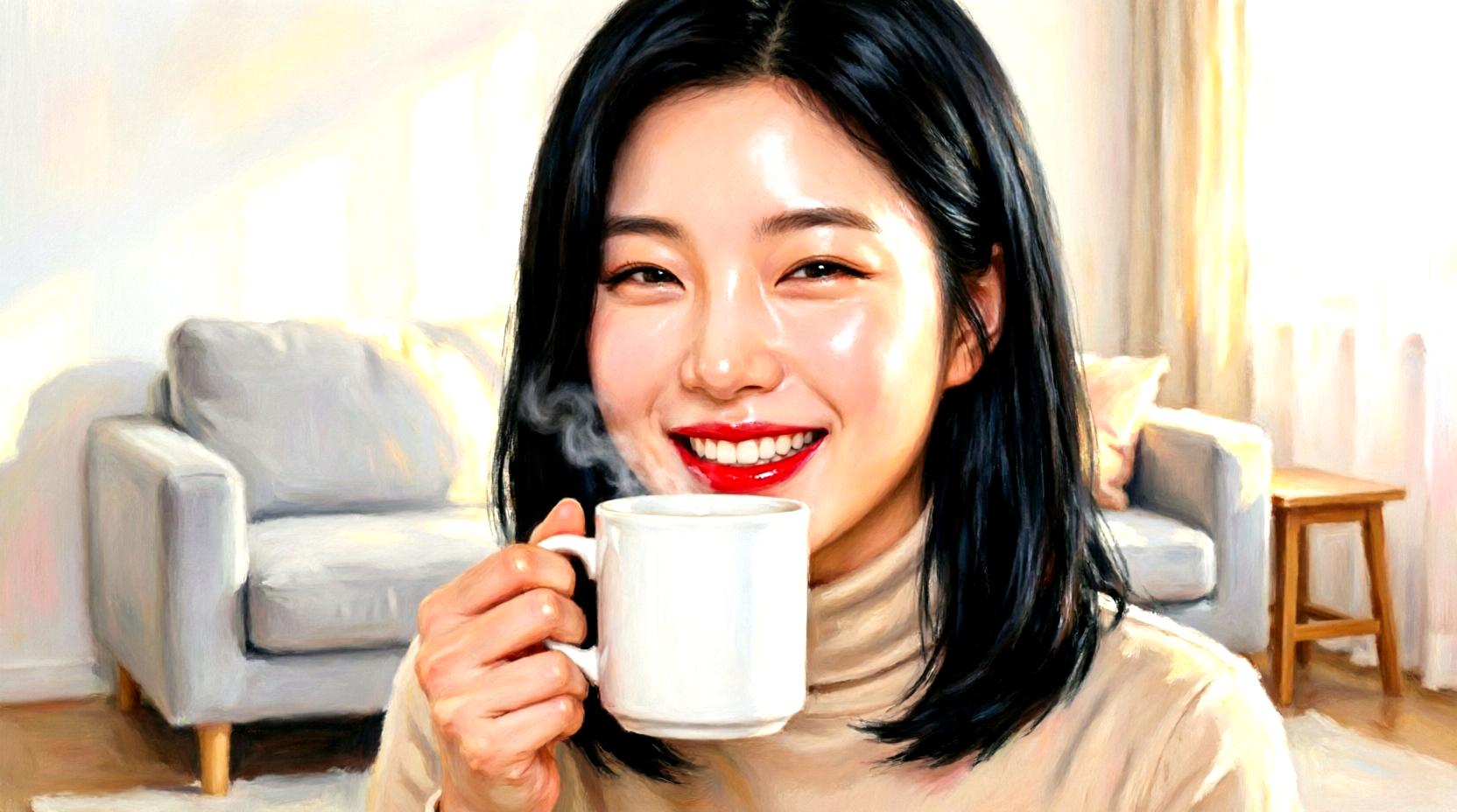 コーヒーと潤った肌のイメージで健康的な印象を表現
