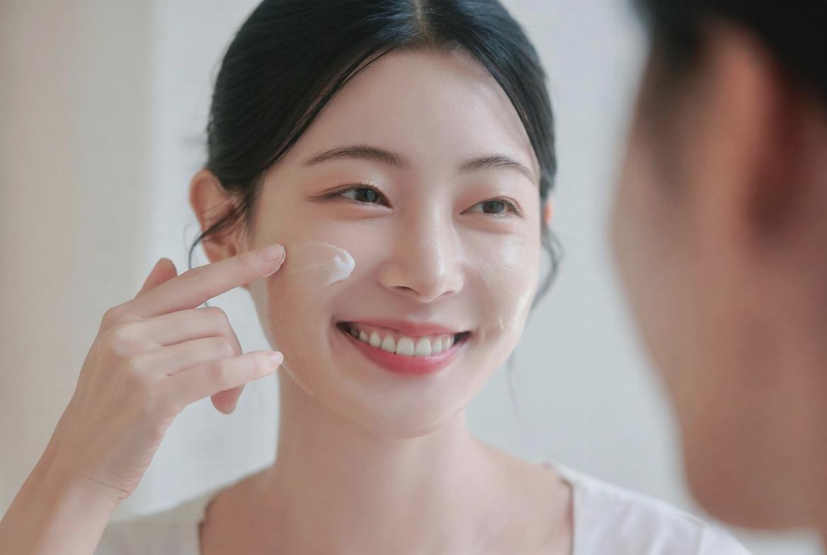 朝の鏡で唇の血色の悪さを気にする女性のイメージ