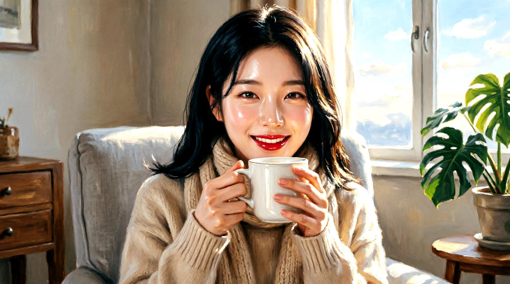 朝のコーヒーと隠れ脱水を示す女性のイメージ