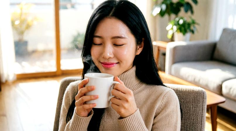 デカフェラテを片手にリラックスしながら美容時間を楽しむ大人女性