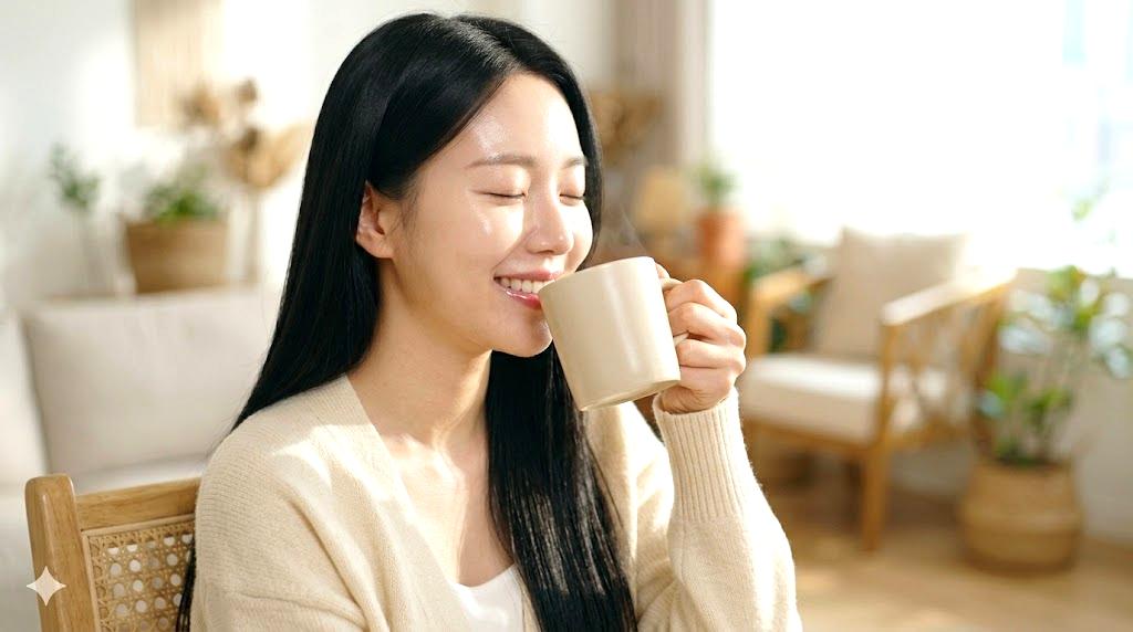 白湯を取り入れた生活で血色の良い唇と透明感のある美しさを手に入れた女性のイメージ