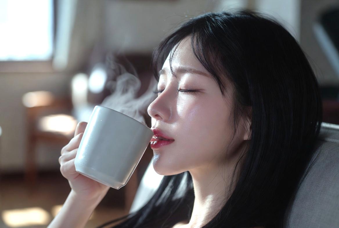 朝や夕方にドクダミ茶を飲んで顔のむくみケアをする女性の生活シーン