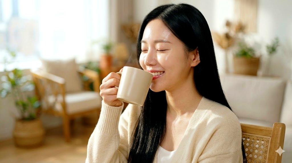 朝の洗面台で白湯を飲みながら支度する女性