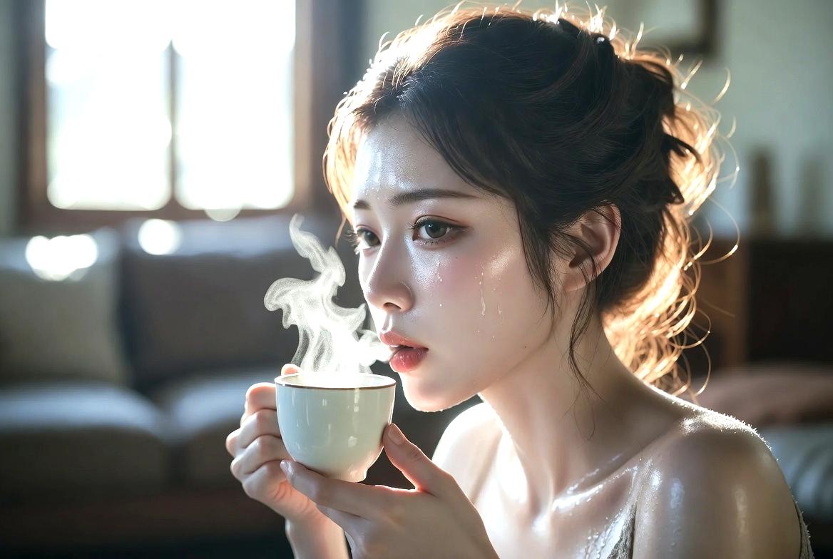朝や夜にドクダミ茶を飲むライフスタイルを表現したシンプルなティータイム