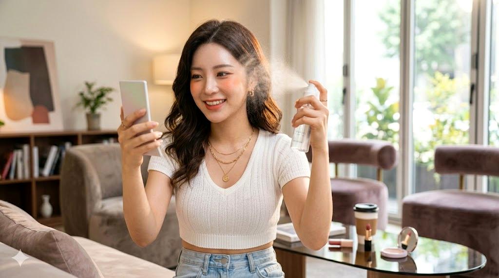 ホエイプロテインの粉末と美容アイテムが並ぶ清潔感のあるイメージ