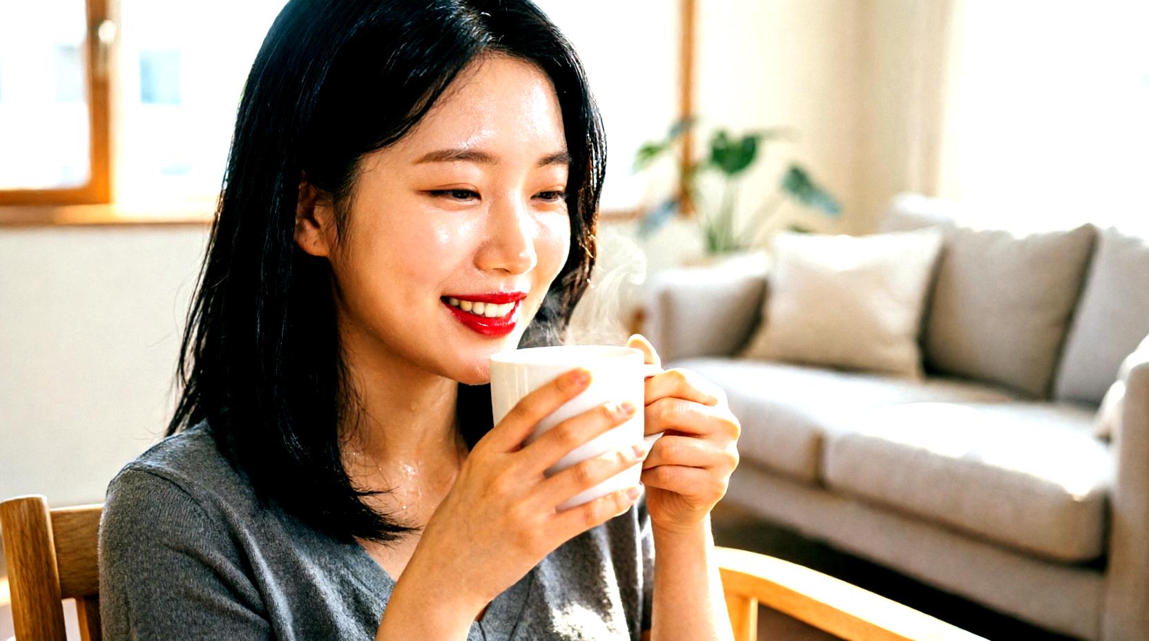 緑茶を飲みながらリラックスする大人の女性