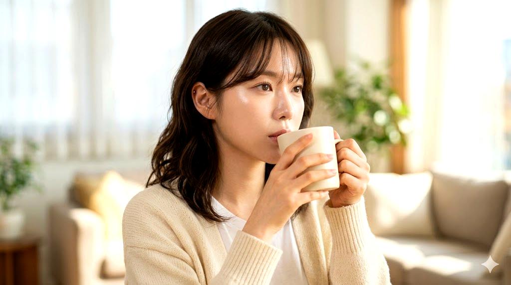 白湯を飲みながら腸活と若返り美容を意識する女性のナチュラルな朝時間