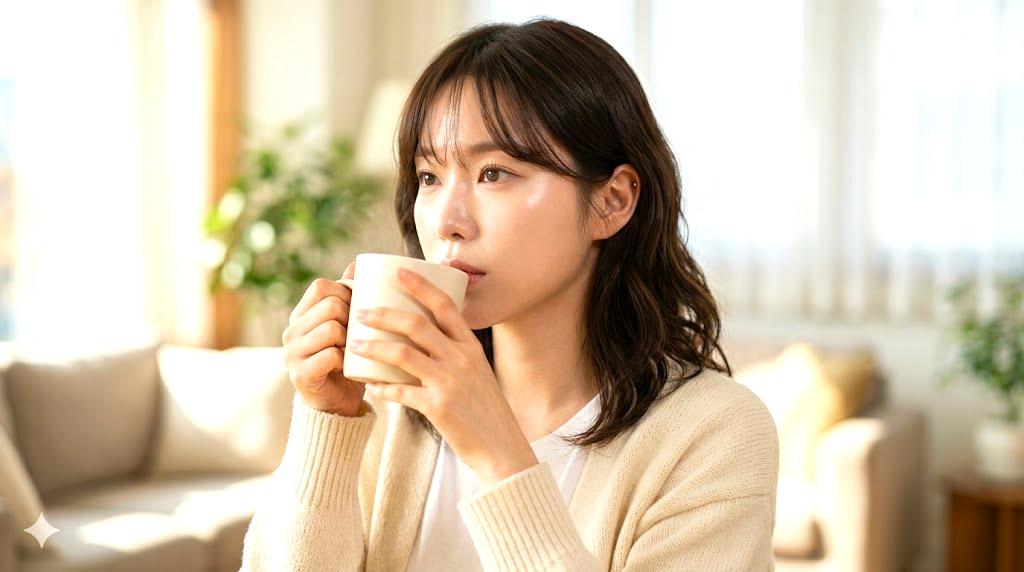 ブラックコーヒーを飲みながら美容を意識する女性