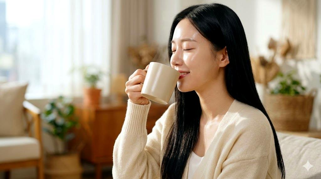 透明感のある肌で微笑む女性のアップ