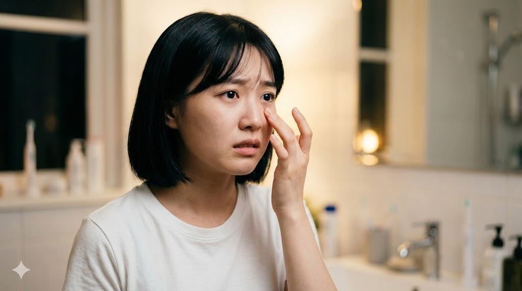 目尻のしわと老け見え印象を比較する女性の横顔