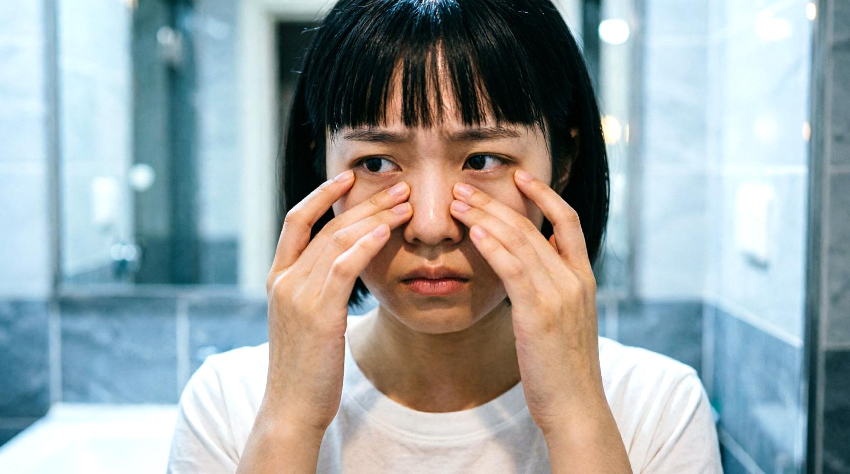 目元の小じわやくすみを鏡でチェックする女性の様子