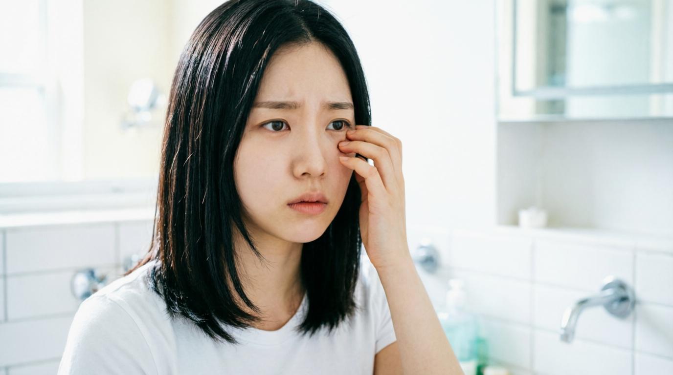 スマホ画面を見ながら目元ケアを意識する女性の横顔