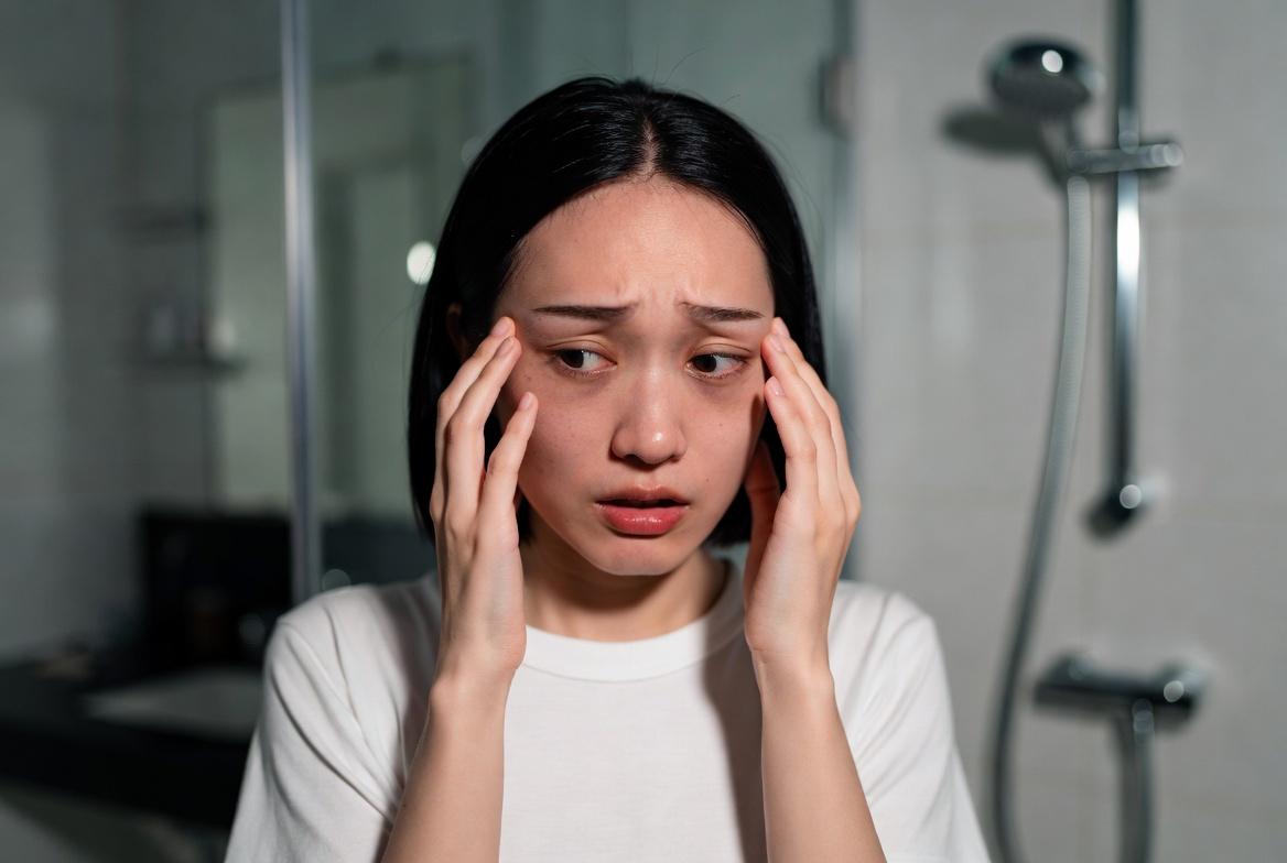 スマホを見続けて目元が疲れている女性のイメージ