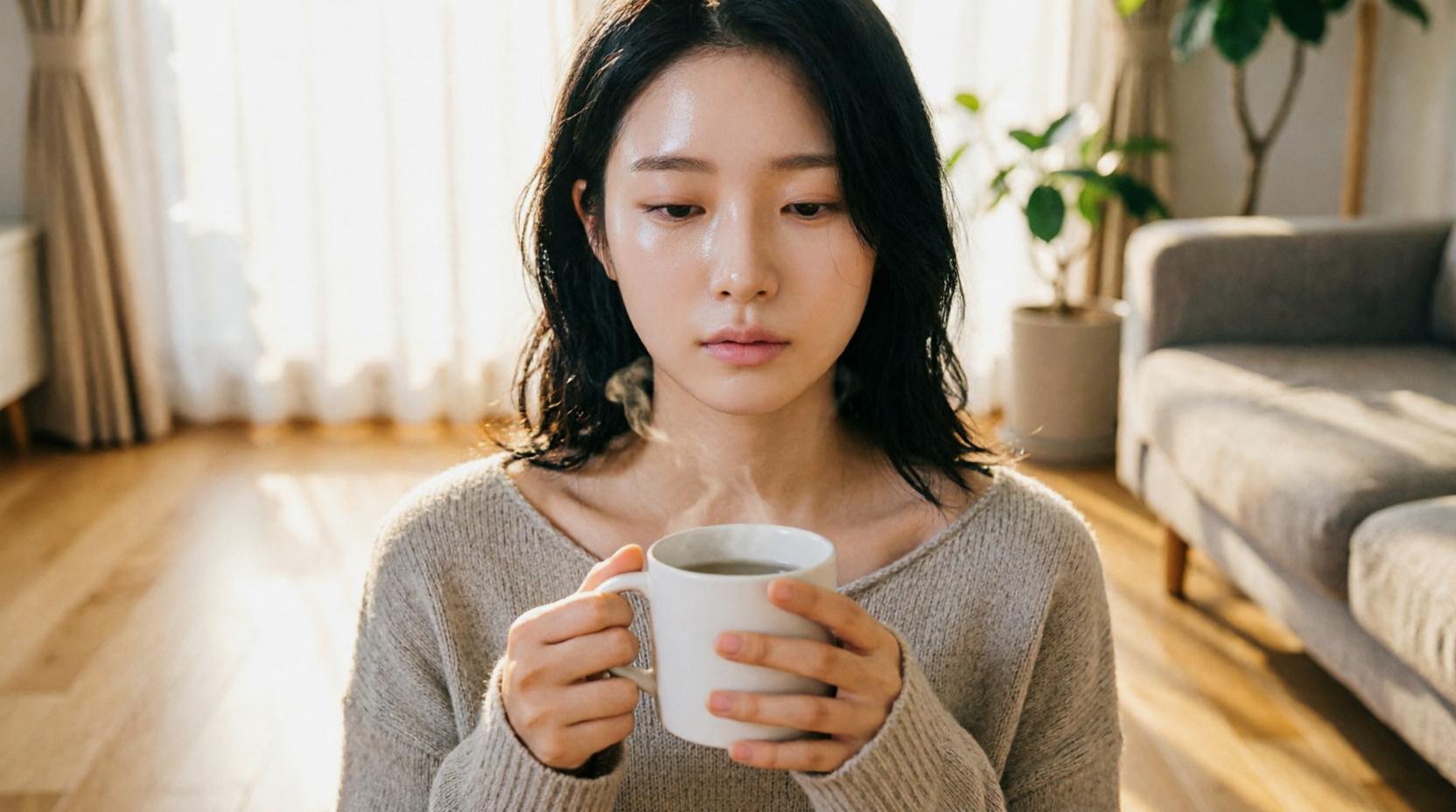美容と健康を意識しながらコーヒーを楽しむ大人女性の朝のライフスタイルイメージ