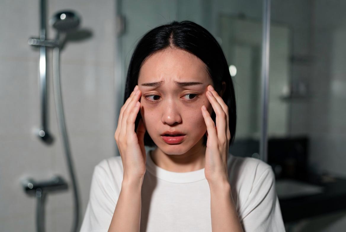 スマホ画面を見続けて目元の疲れを感じる女性