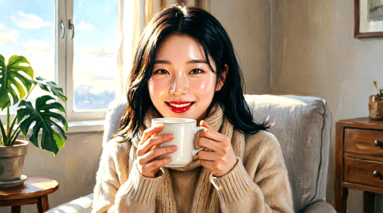 白湯や美容に良い飲み物を飲みながら、口元エクササイズをしている女性のイラスト