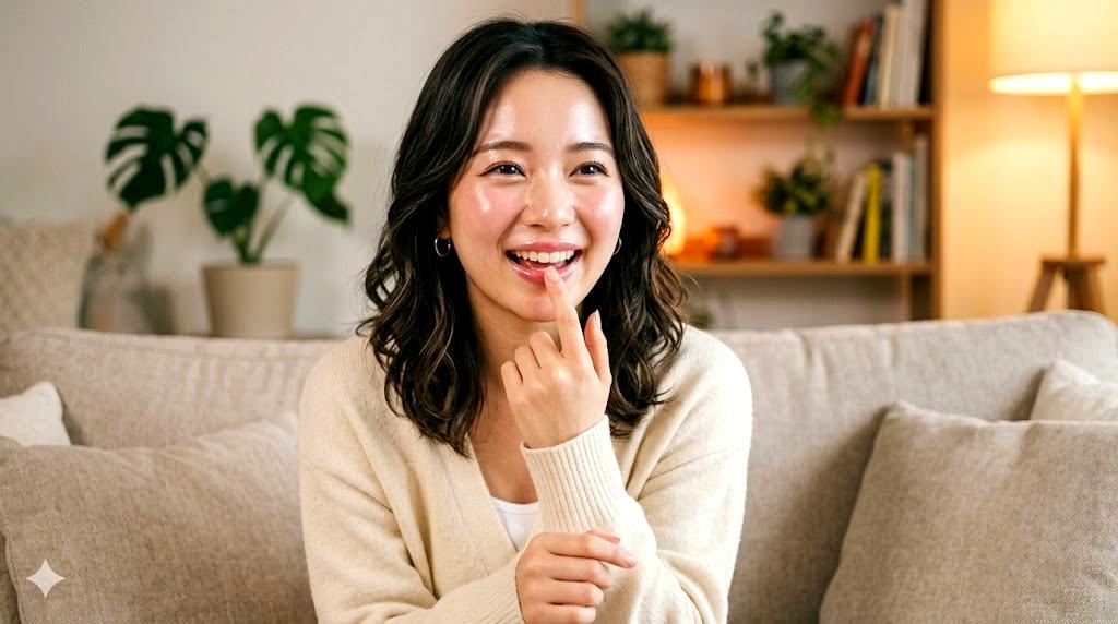 口元エクササイズで顎が前に出てシャープになった女性の横顔イラスト。笑顔で美しいフェイスライン