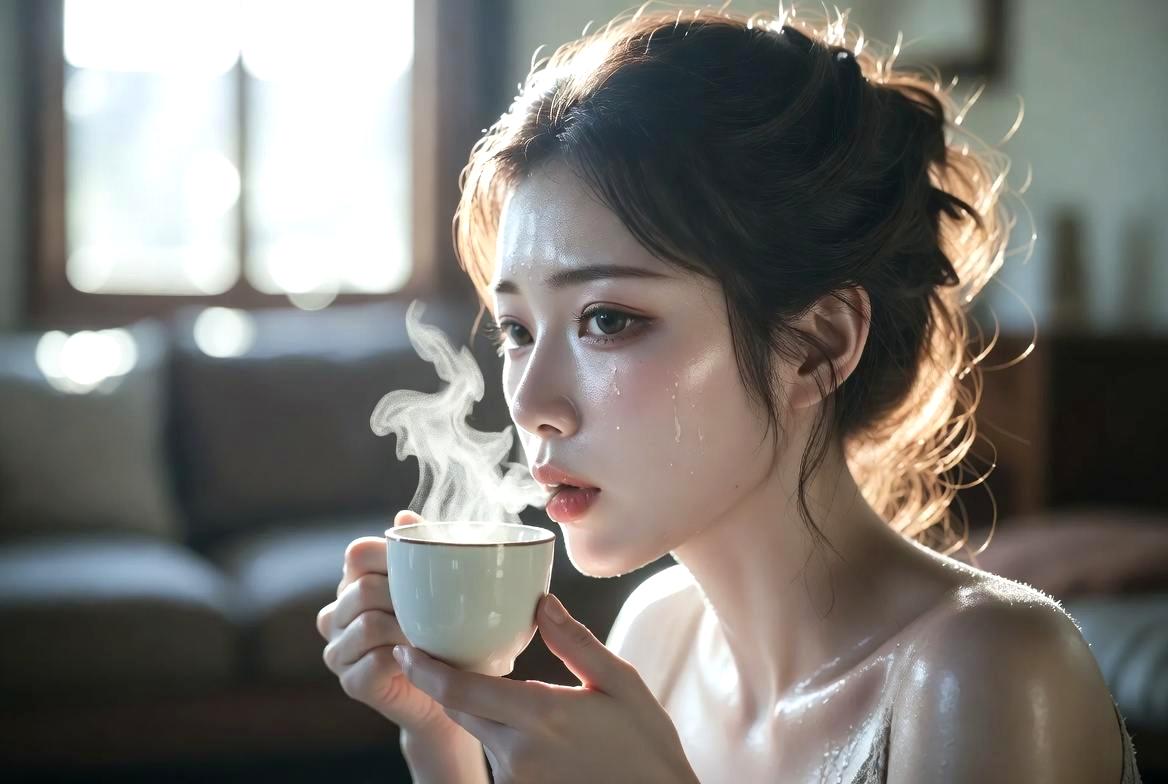 夜の美容時間にドクダミ茶とスキンケアを行う女性