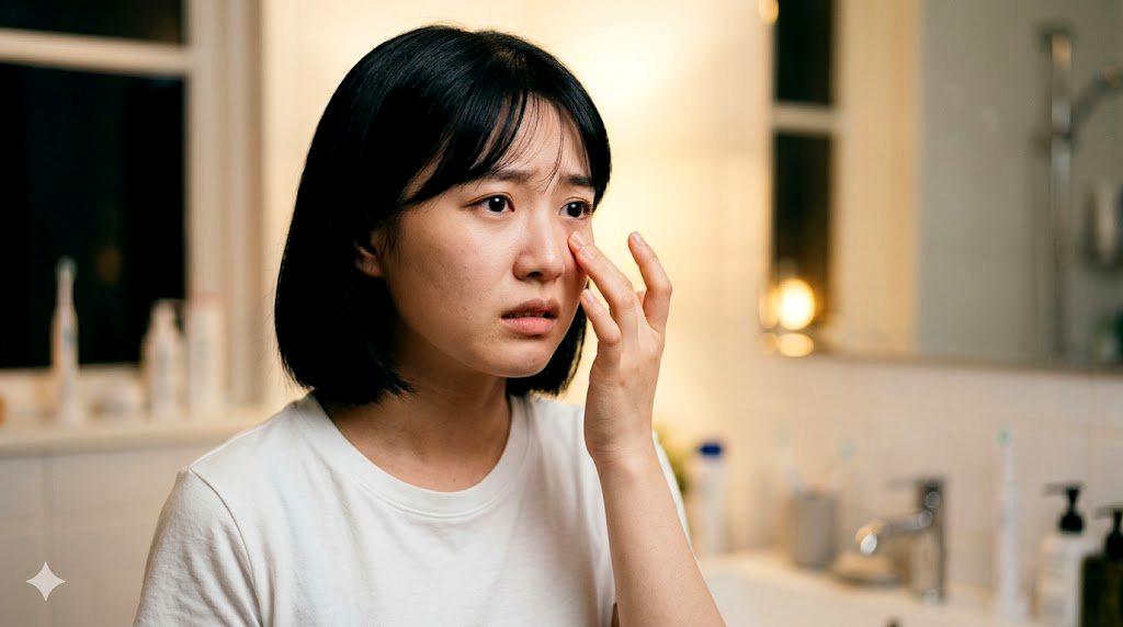 夕方に脚や顔のむくみを感じる女性と水分ケアのイメージ