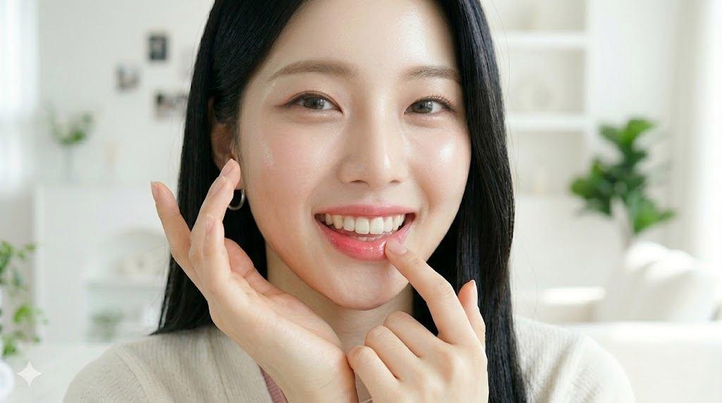 入浴後にリップクリームで保湿する女性
