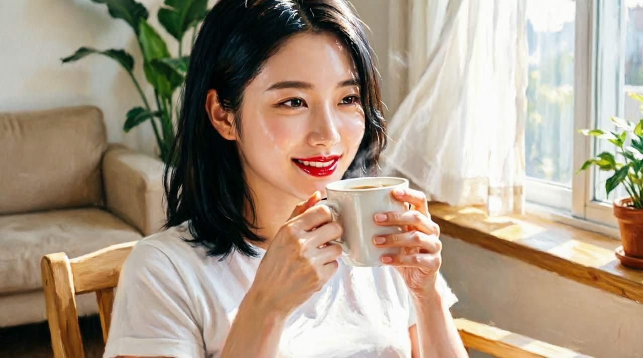 就寝前にノンカフェインの温かい飲み物を選ぶ上品な女性のイメージ