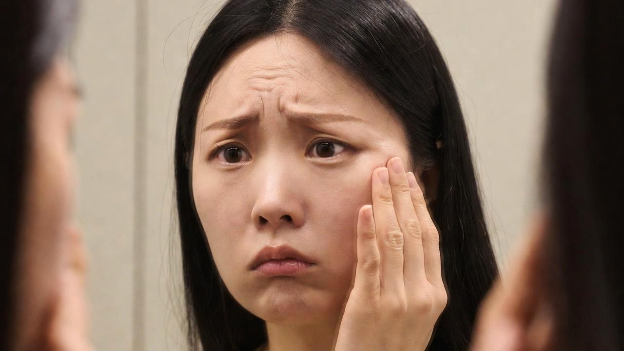 頬にできたほくろを指で触れる女性のクローズアップ画像