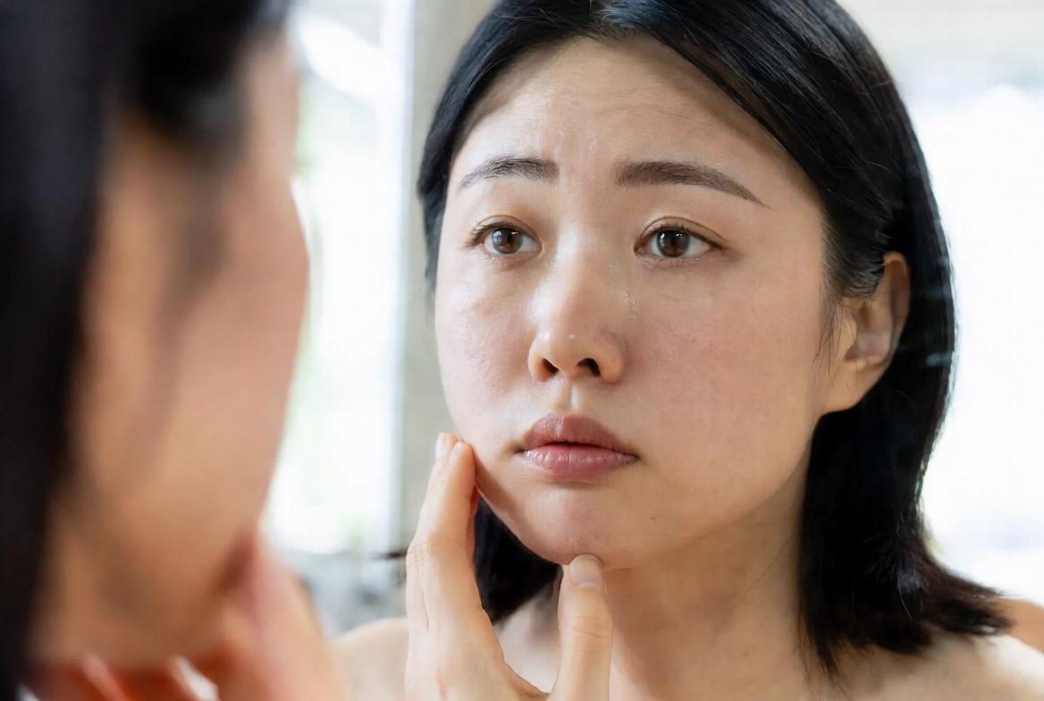 肌の調子を気にする大人の女性のスキンケアイメージ