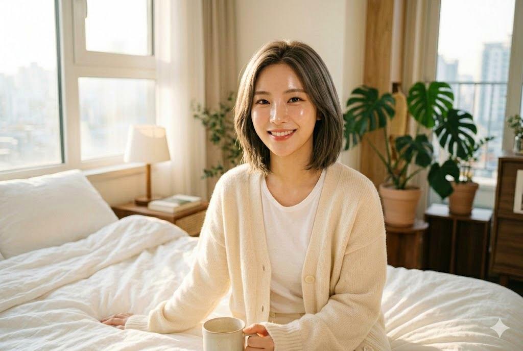 お風呂上がりの洗面所で、美容液を手に取り顔にのばす女性の横顔