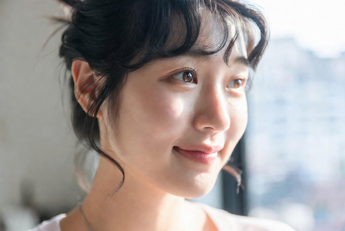 スナックを楽しみつつ透明感のある肌を目指す大人の女性のイメージ