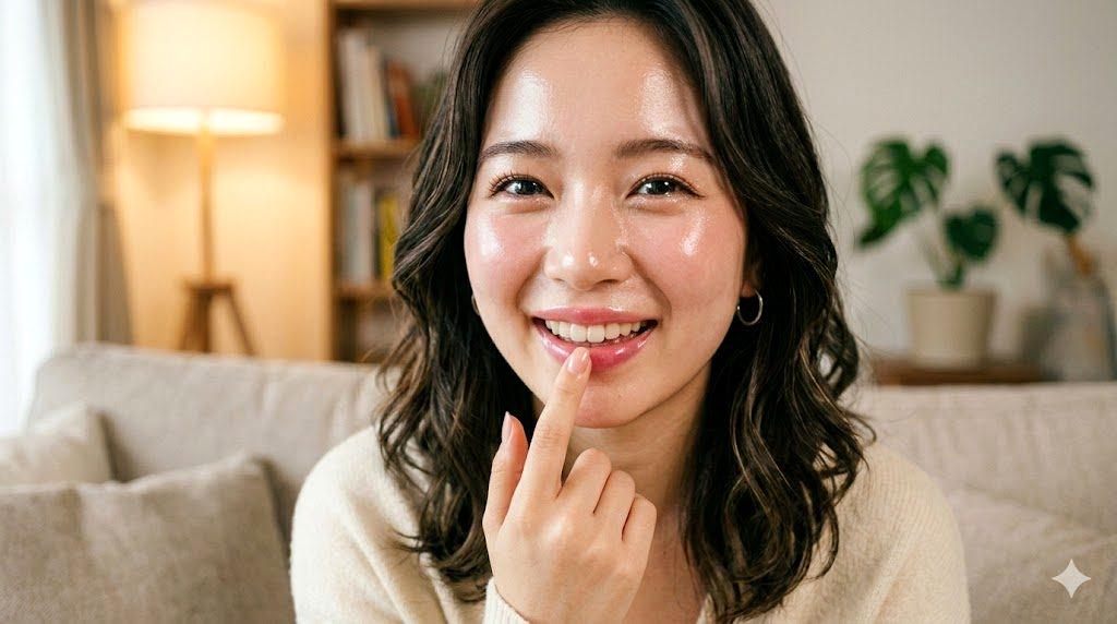 朝の光を浴びて自信に満ちた笑顔の女性が、自分の潤った肌をそっと触れている姿