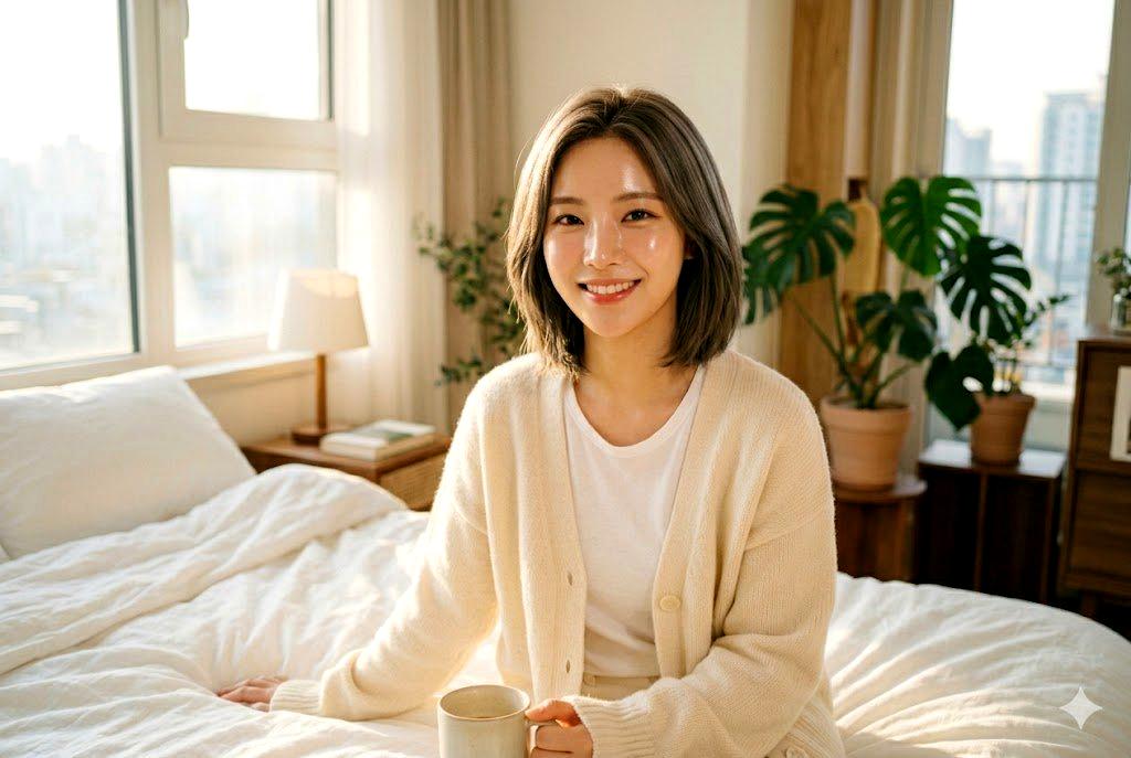くすみのない明るい肌で自信あふれる表情を見せる女性のポートレート