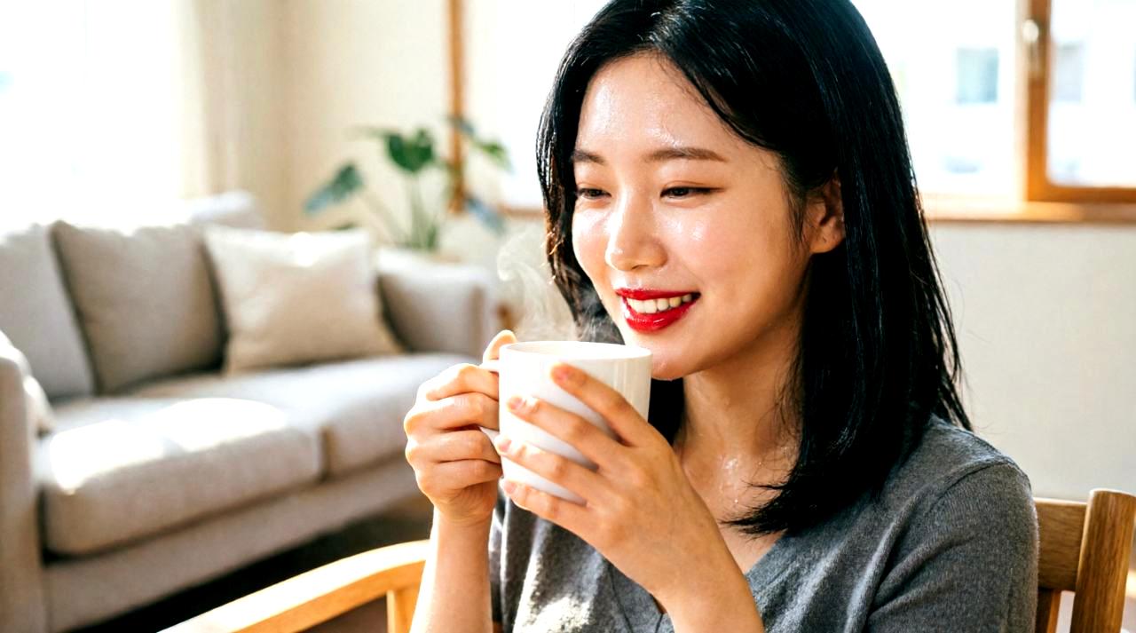 夕方に温かいドクダミ茶を飲んでリラックスする女性