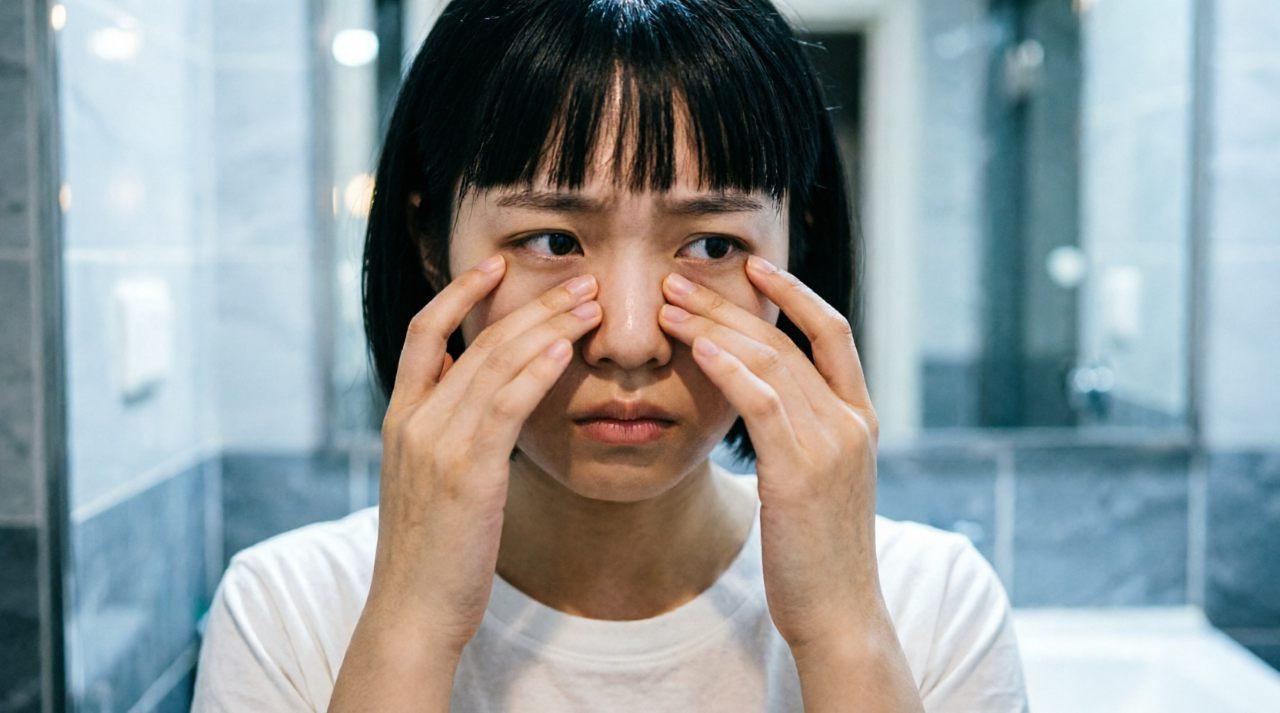 目尻のしわを気にする女性の目元クローズアップ