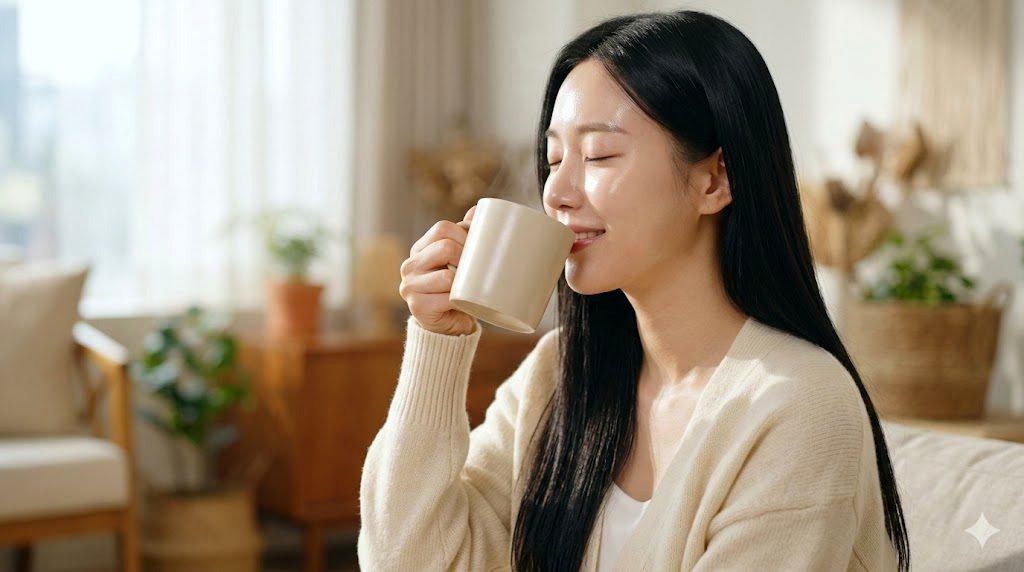 夕方にドクダミ茶を楽しみながら美容ケアをする女性のイメージ