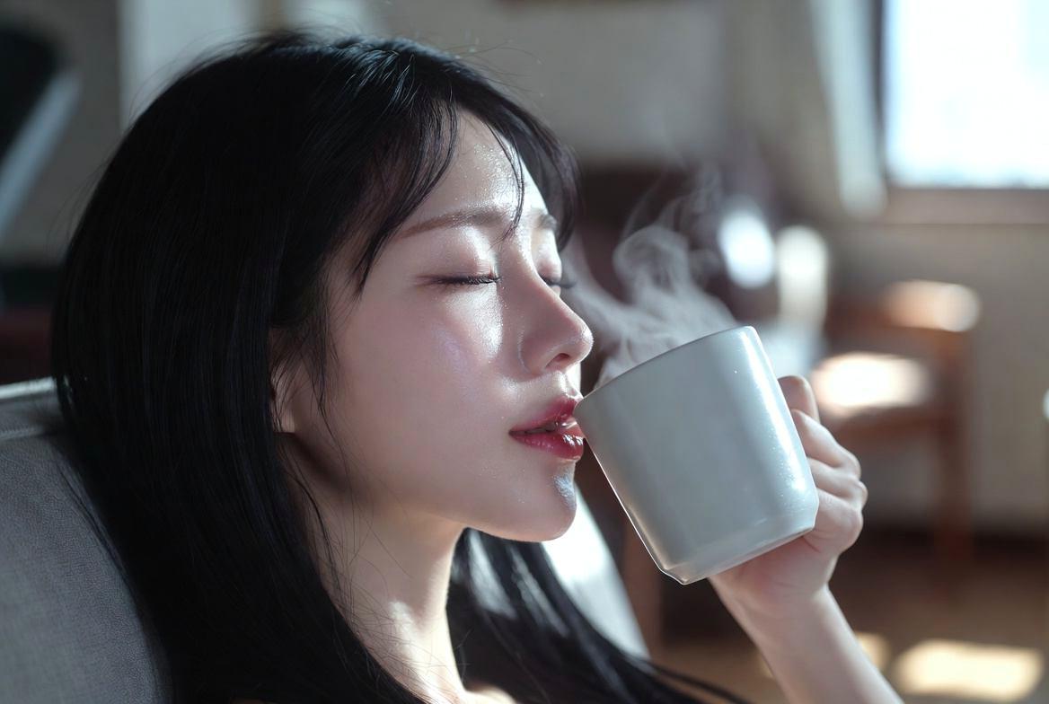 昼の時間に白湯を飲んで美容ケアを楽しむ女性のイメージ