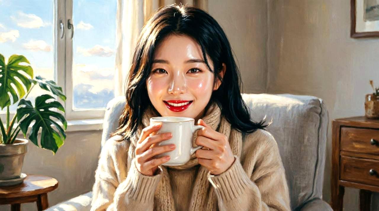 月明かりの窓辺でカモミールティーを楽しむ大人の女性の横顔