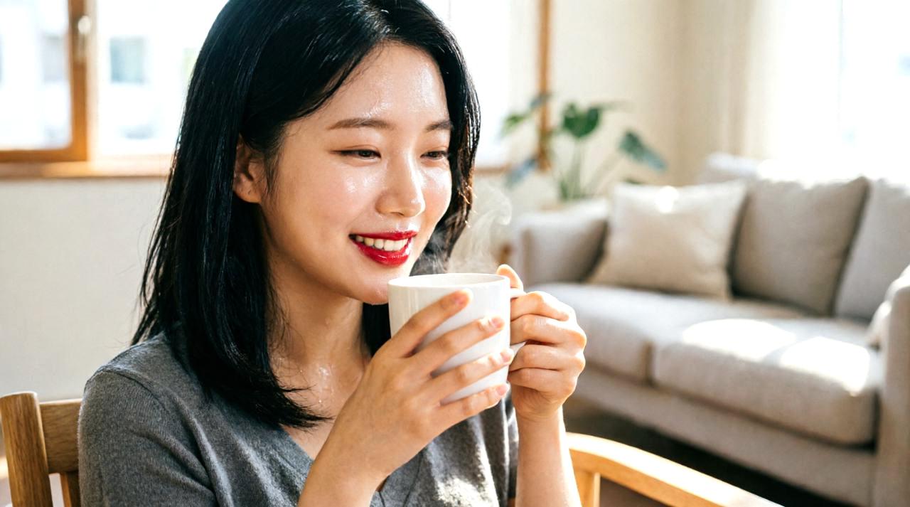 深夜の空腹をノンカフェイン飲料で心地よく満たす大人の女性のイメージ