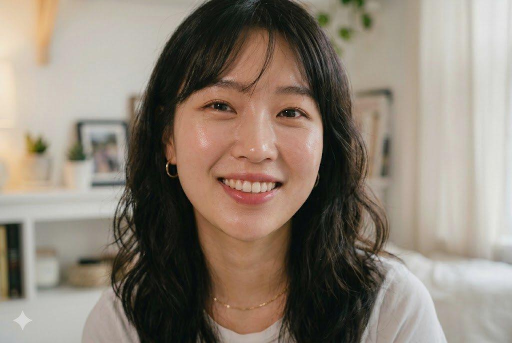 歩き終えた後、爽やかな笑顔でタオルを肩にかける大人の女性、背景は夕日