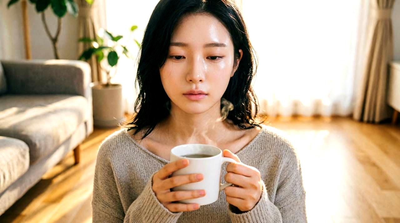 美容ドリンクやサプリメントを手に持つ女性、飲むだけで肌が引き締まるイメージ