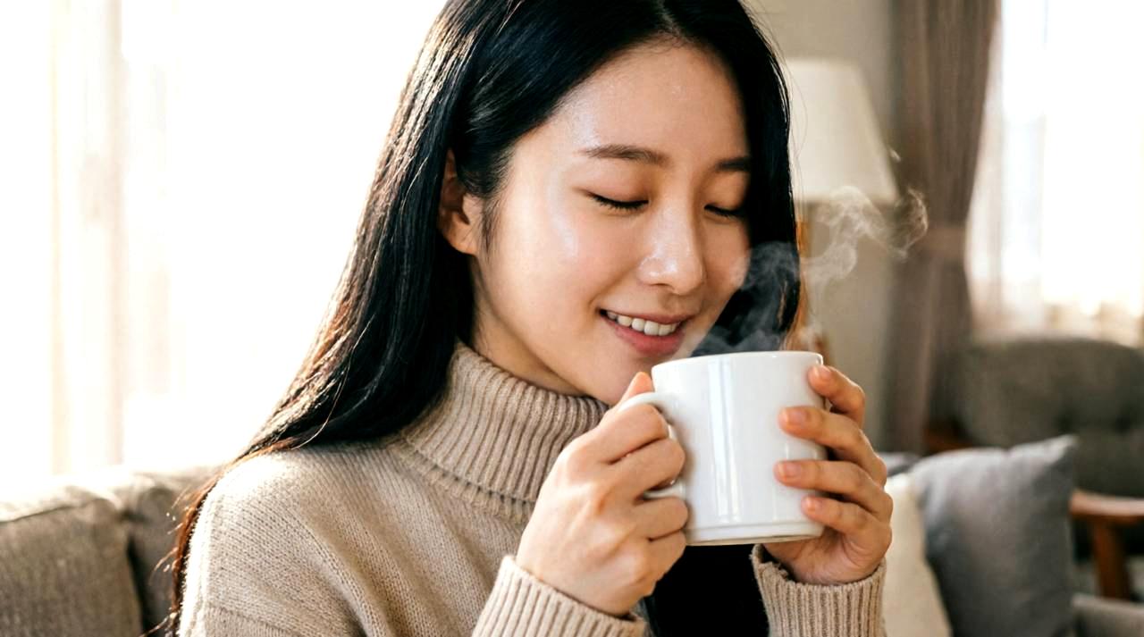 昼休みに温かいカモミールティーを飲んでくつろぐ女性