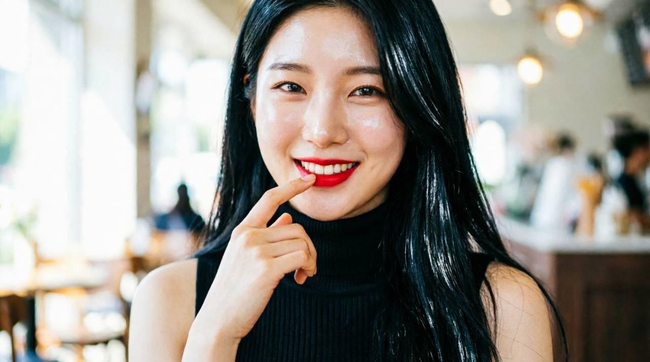 コーラル系チークとリップで上品な華やかさを演出した女性の表情
